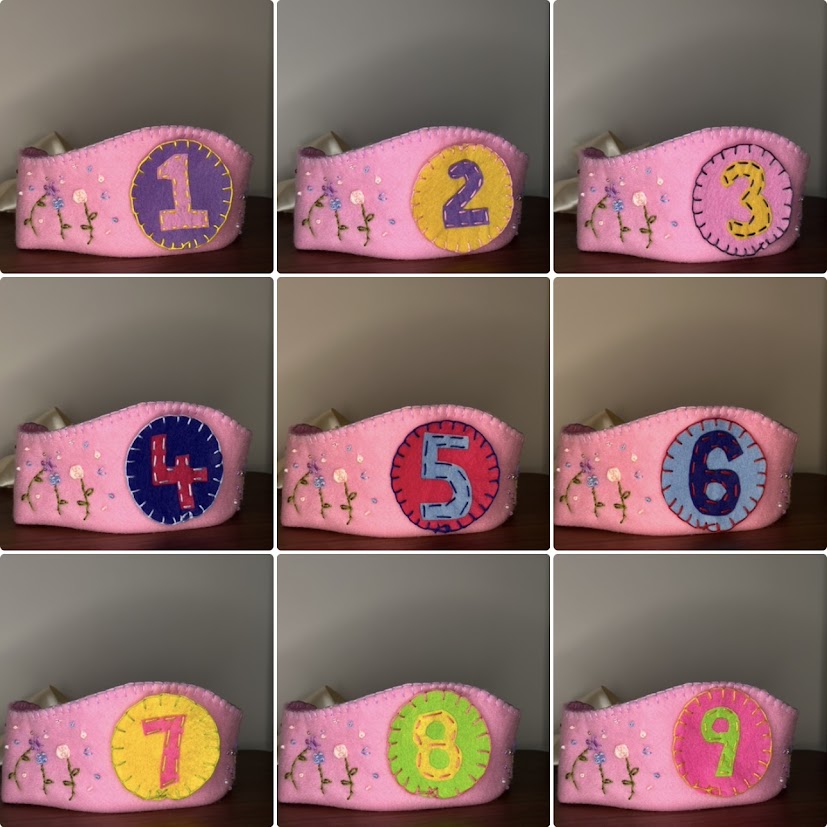 Pink felt crown shown with a full velcro number pack, numbers 1 through 9
